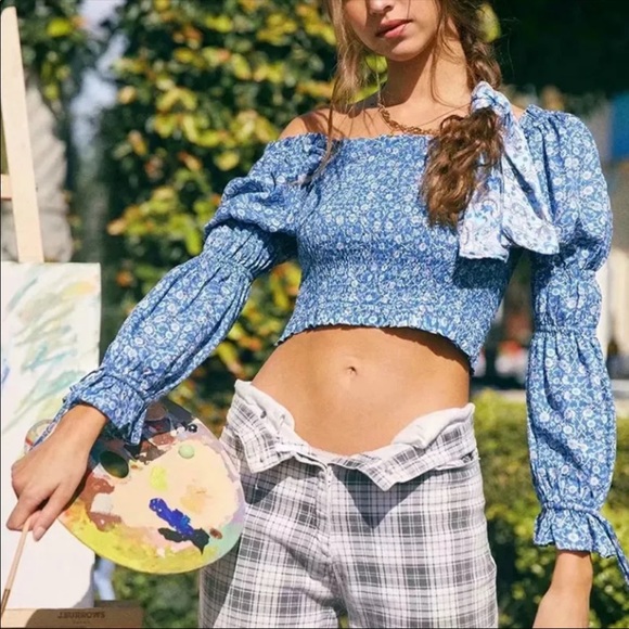 Gypsy Boho Floral Print LongSleeve CropTop Shirred - Picture 4 of 15